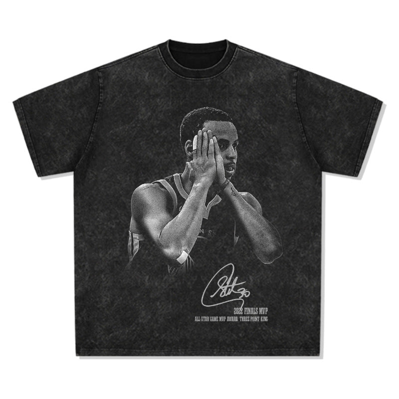 Original Curry Curry signature action night American retro print short sleeve heavy washed old T-shirt trend