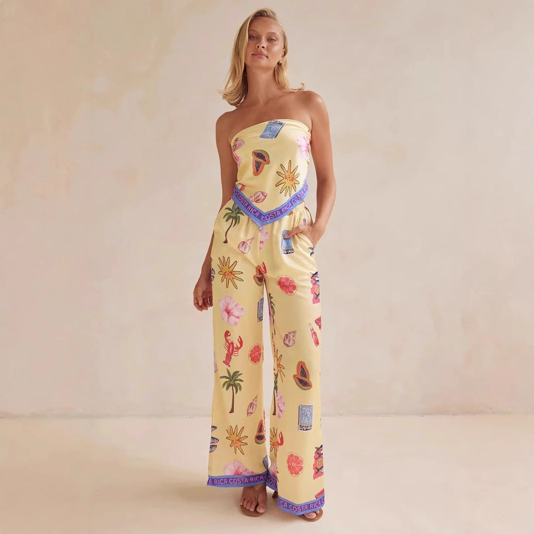 Printed strapless wide leg set