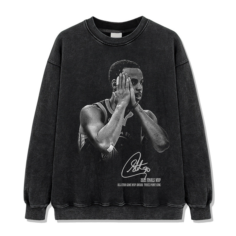 Original Curry Curry signature action night American retro print short sleeve heavy washed old T-shirt trend