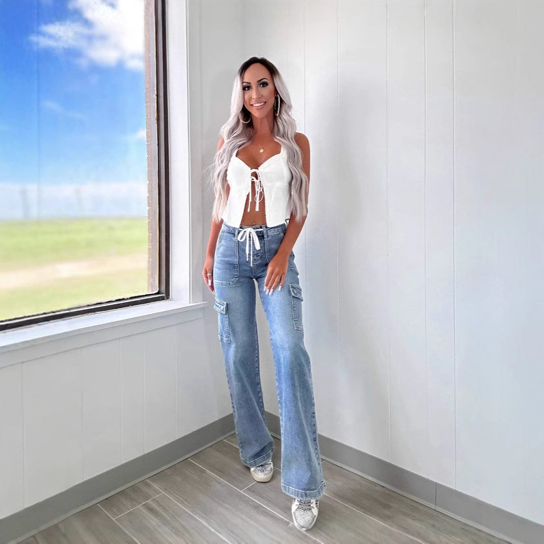 Straight leg jeans women's casual lace up multi pocket functional work pants