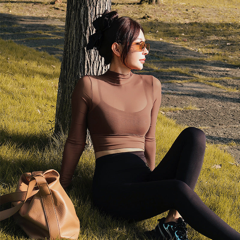 One piece fixed chest cushion, fake two-piece long sleeved mesh fitness yoga suit, sports top, autumn short cover shirt