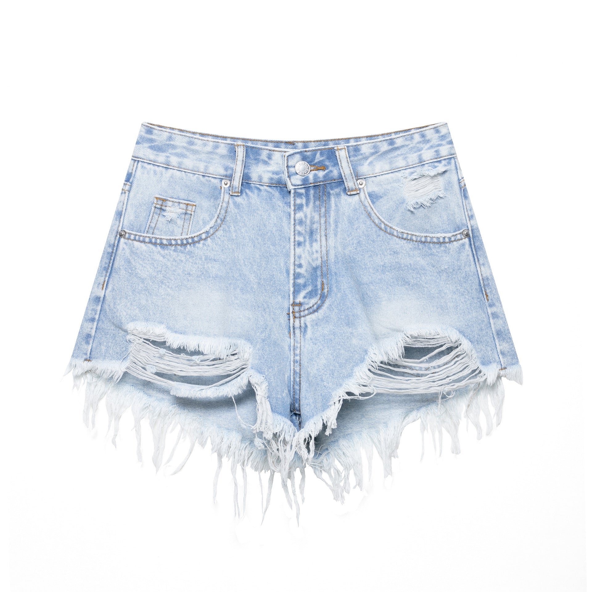 Broken hole decorative curved edge denim shorts for women