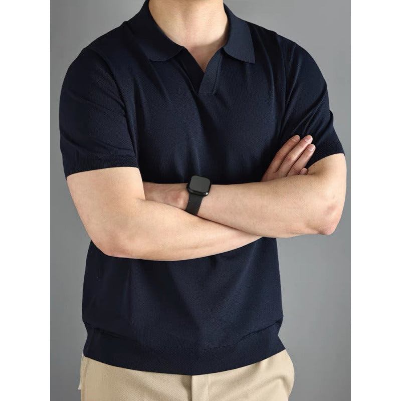 High-end Knitted Short Sleeve Men's Italian Seagull Collar Commuting Polo Shirt Business Gentleman Cool Touch Solid Color T-Shirt