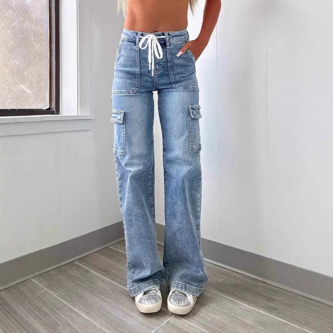 Straight leg jeans women's casual lace up multi pocket functional work pants
