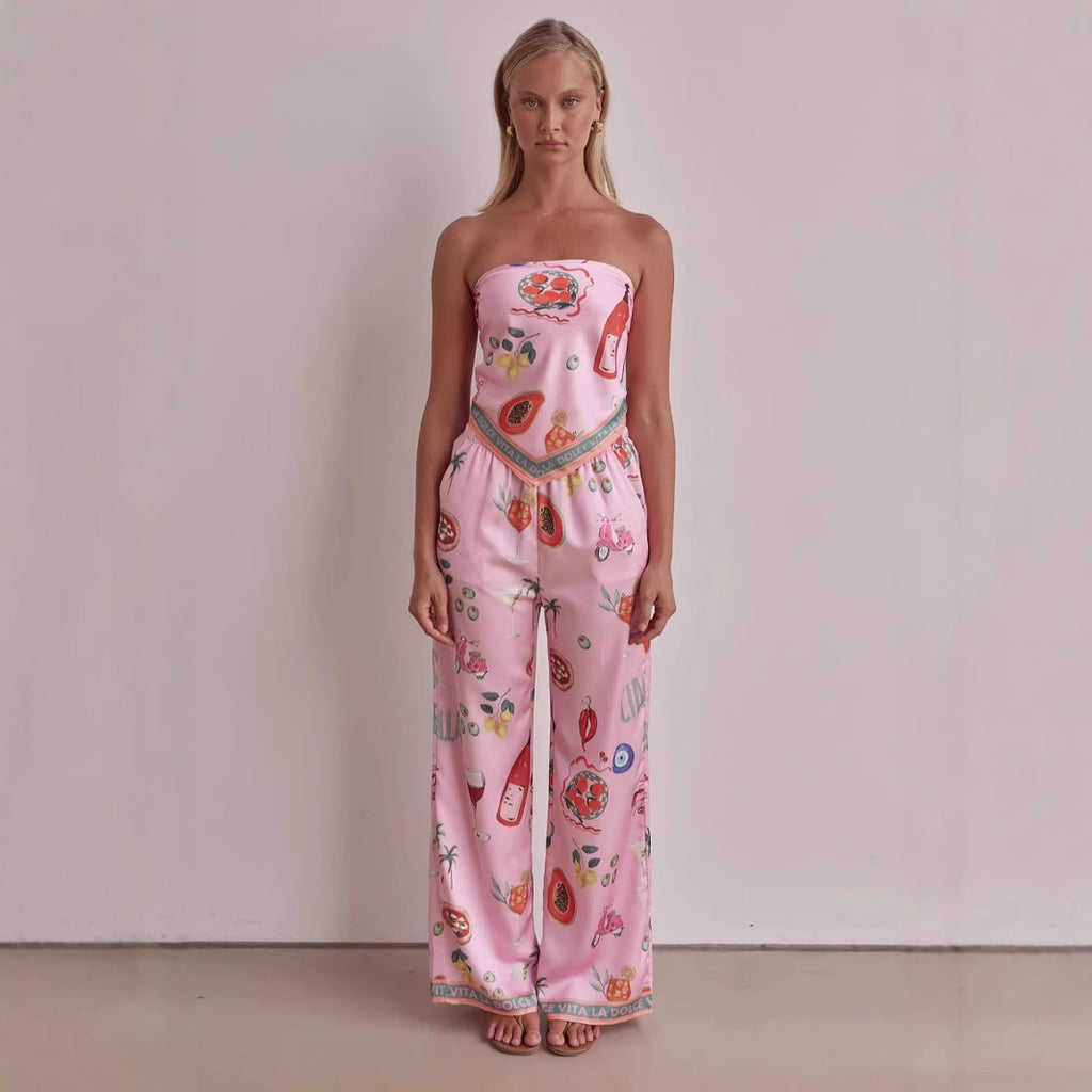 Printed strapless wide leg set
