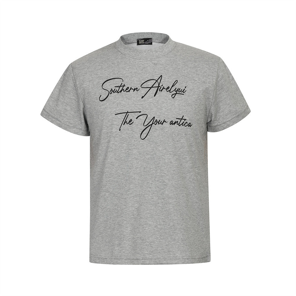 Handwritten English Letter Print Short Sleeve T-Shirt Men's Slim Fit Regular Shoulder Casual Round Neck Half Sleeve Top INS Trendy Tee