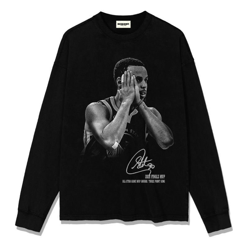 Original Curry Curry signature action night American retro print short sleeve heavy washed old T-shirt trend