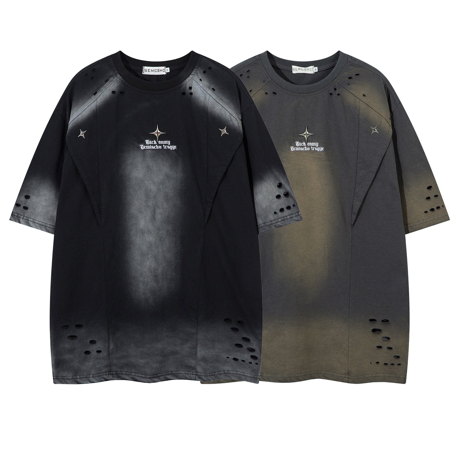 Washed hole letter embroidery short sleeved T-shirt