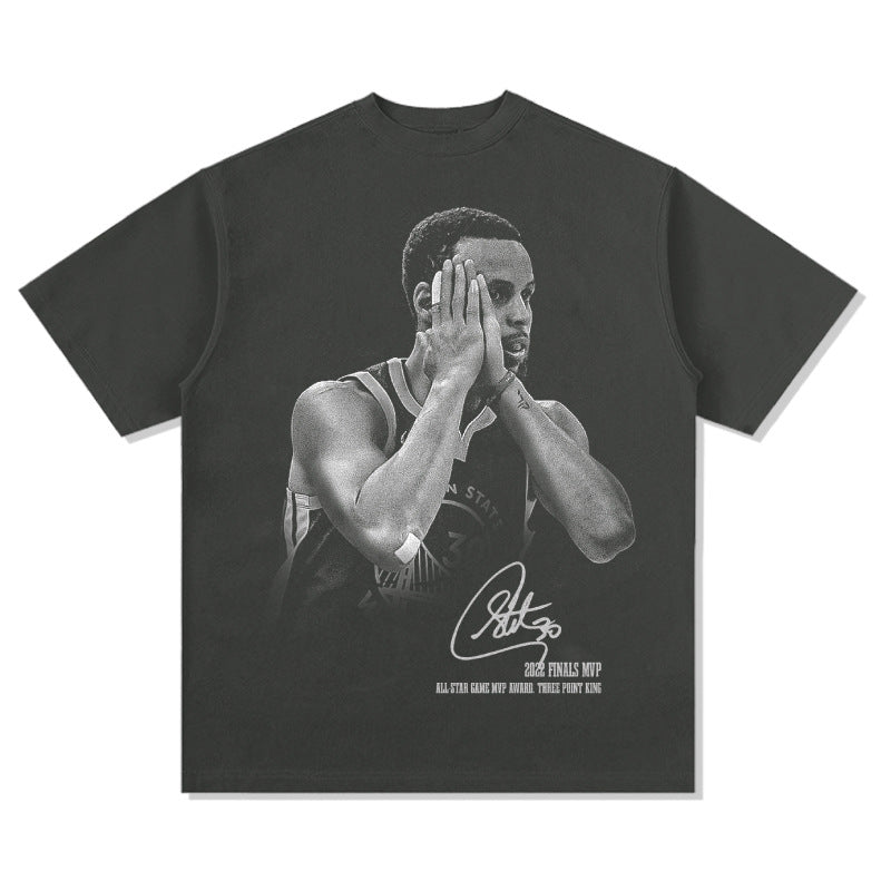 Original Curry Curry signature action night American retro print short sleeve heavy washed old T-shirt trend