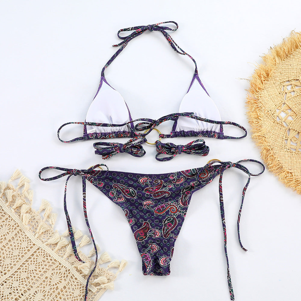 Sexy Metal Triple Ring Bikini Set with Printed Straps for Women