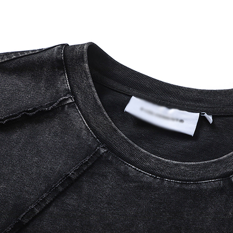 Spliced Raw Edge Short Sleeve T-Shirt Unique Design Hip Hop Men's Washed Vintage Casual Tee