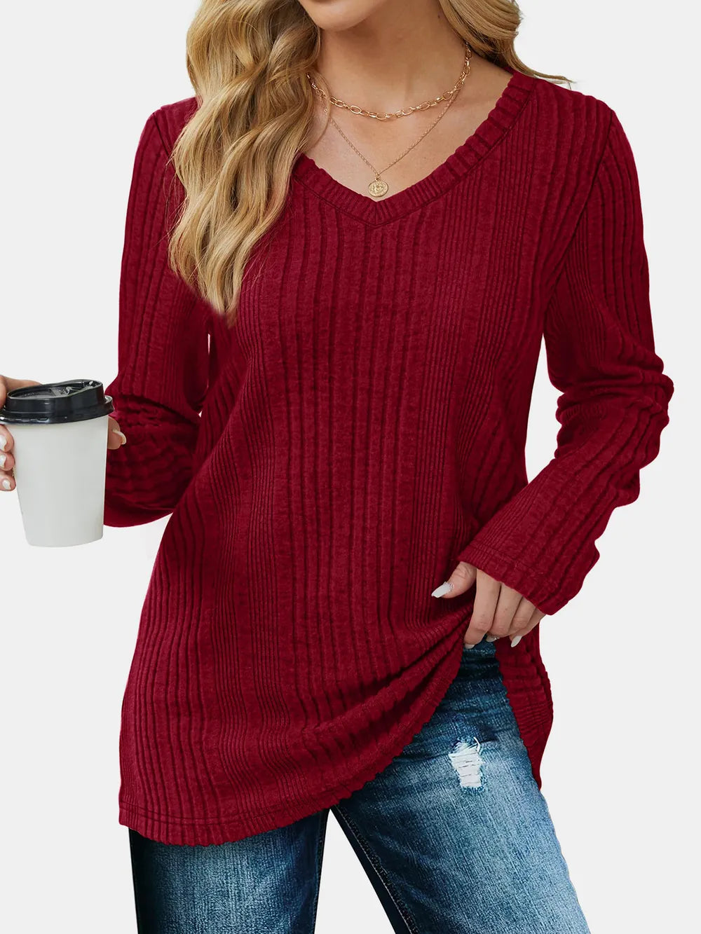 Solid color knitted sweater lightweight waistband sweater fashionable