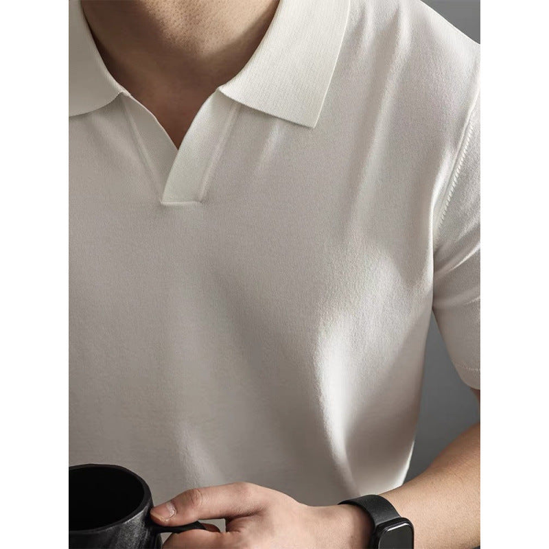 High-end Knitted Short Sleeve Men's Italian Seagull Collar Commuting Polo Shirt Business Gentleman Cool Touch Solid Color T-Shirt